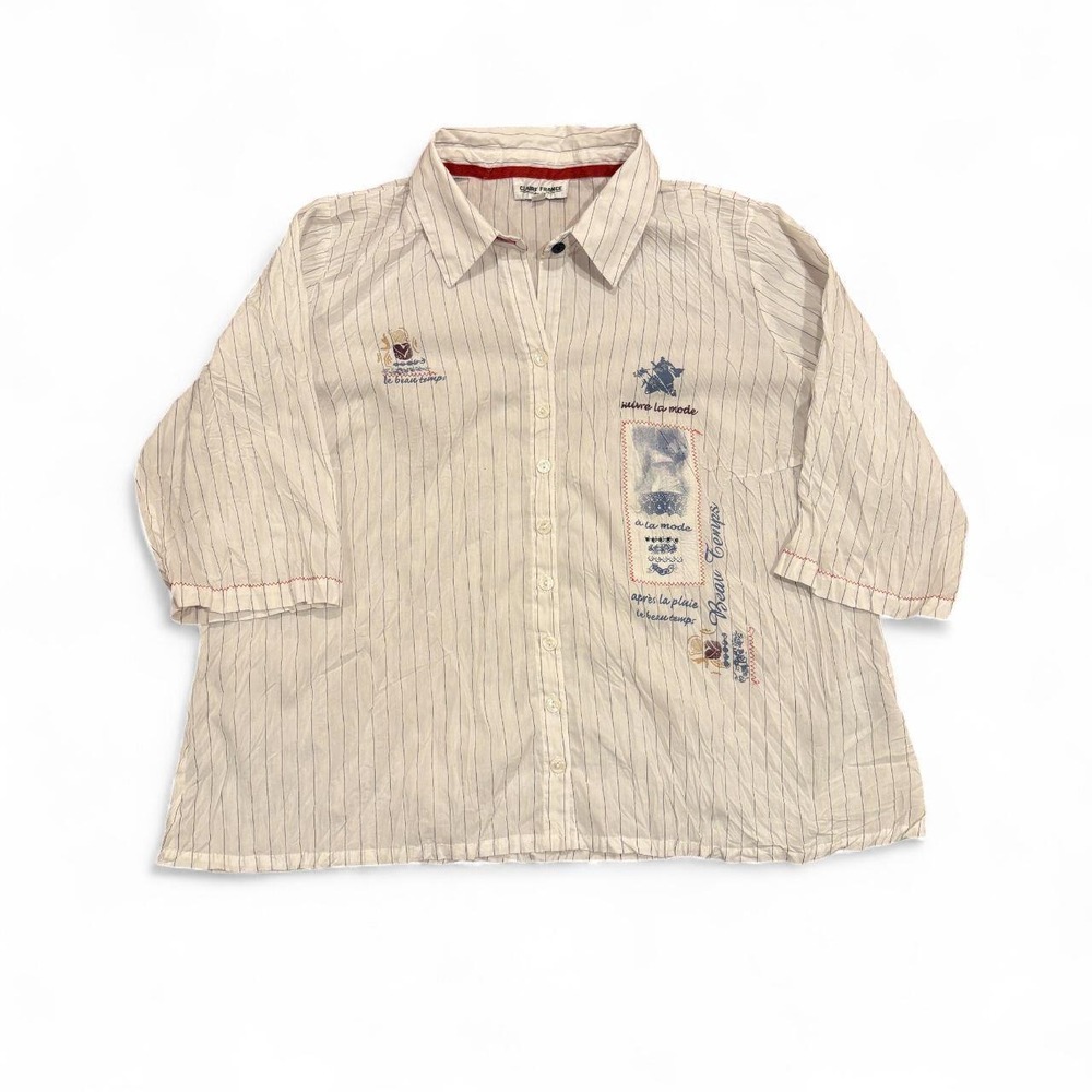 Claire France Mens Medium White Striped Embroidered Button-Up Shirt